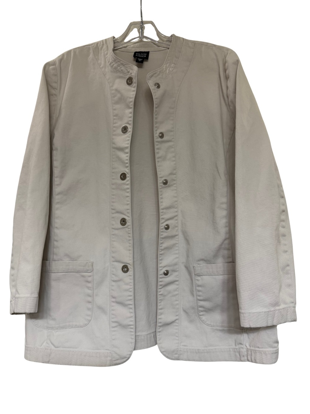 Eileen Fisher Ivory Cotton Snap Front Jacket Size M Collarless Chore Style